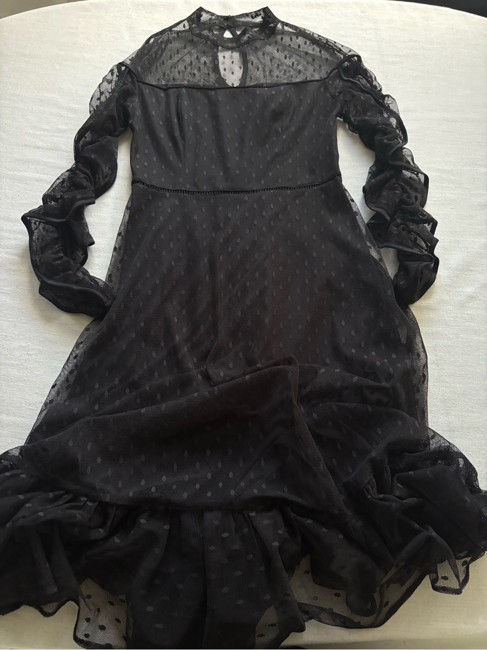 Betsey Johnson Black Swiss Dot Mesh Ruffle Midi Dress 6 Gothic Romantic Party